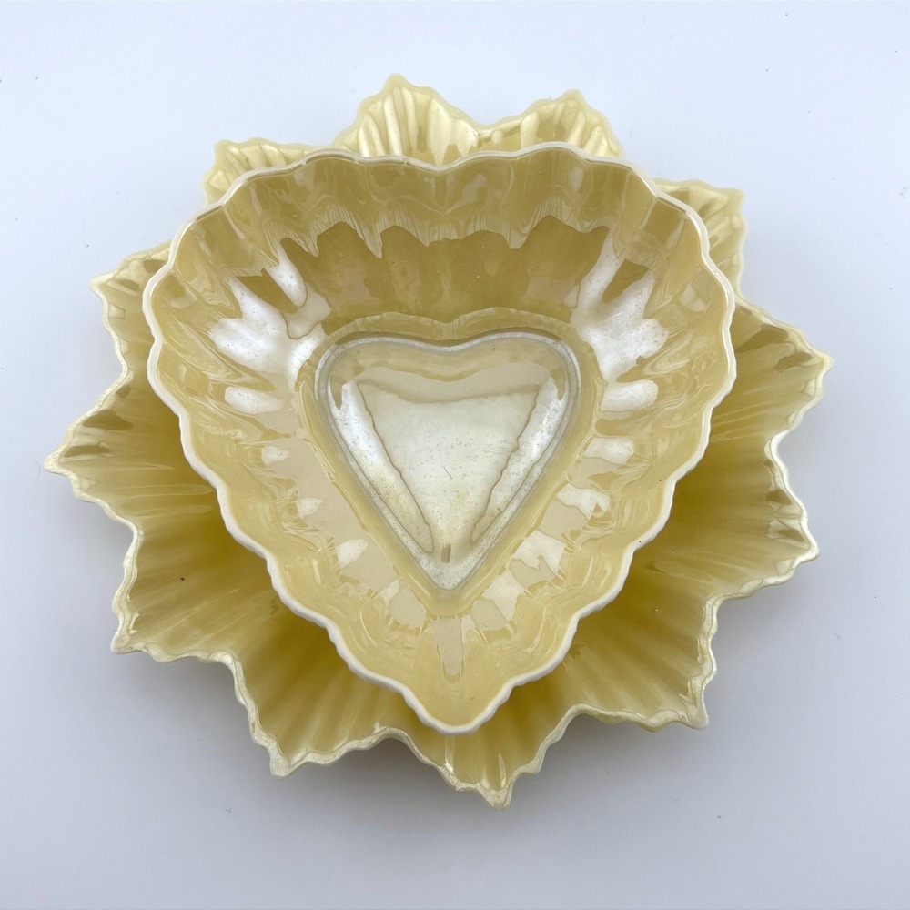 Belleek Ireland Parian China Heart Bowl and Fluted Plate Set Lustre Glaze Ivory
